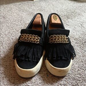 Giuseppe Zanotti black suede slides with gold chai